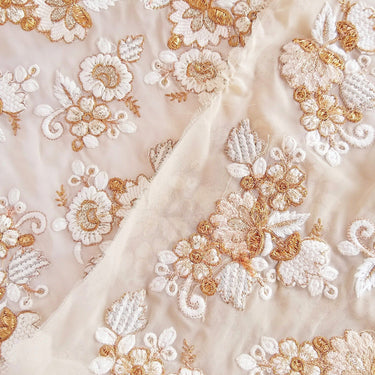 Beige Lace With Floral Embroidery In Off White And Bronze Work, Embroidered Trim, 1 Yard Trim